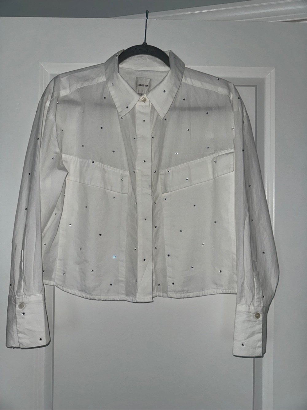 Maeve White Jewel-Embellished Casual Button-Down Shirt